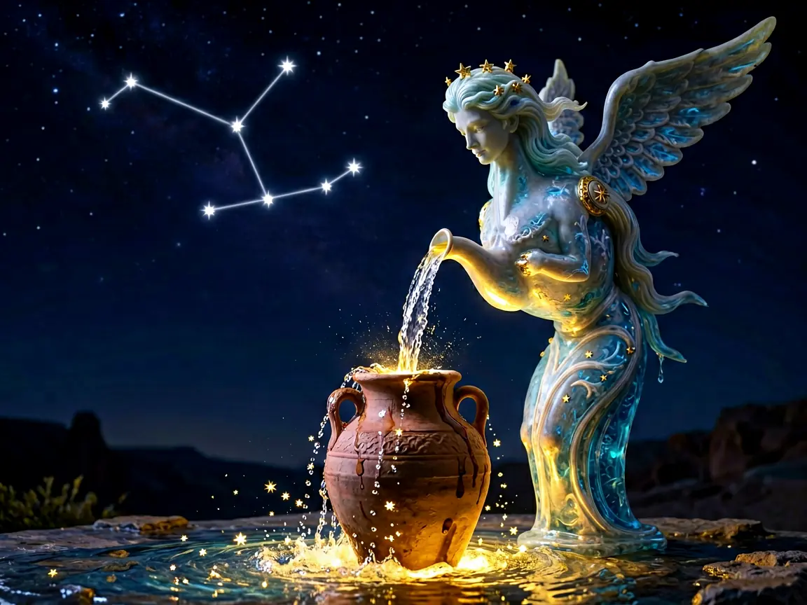 Aquarius water bearer pouring from an overflowing jar, a stream of stars leaving the vessel, faint Aquarius constellation above, dark indigo night sky, golden light in the water, mystical and ethereal