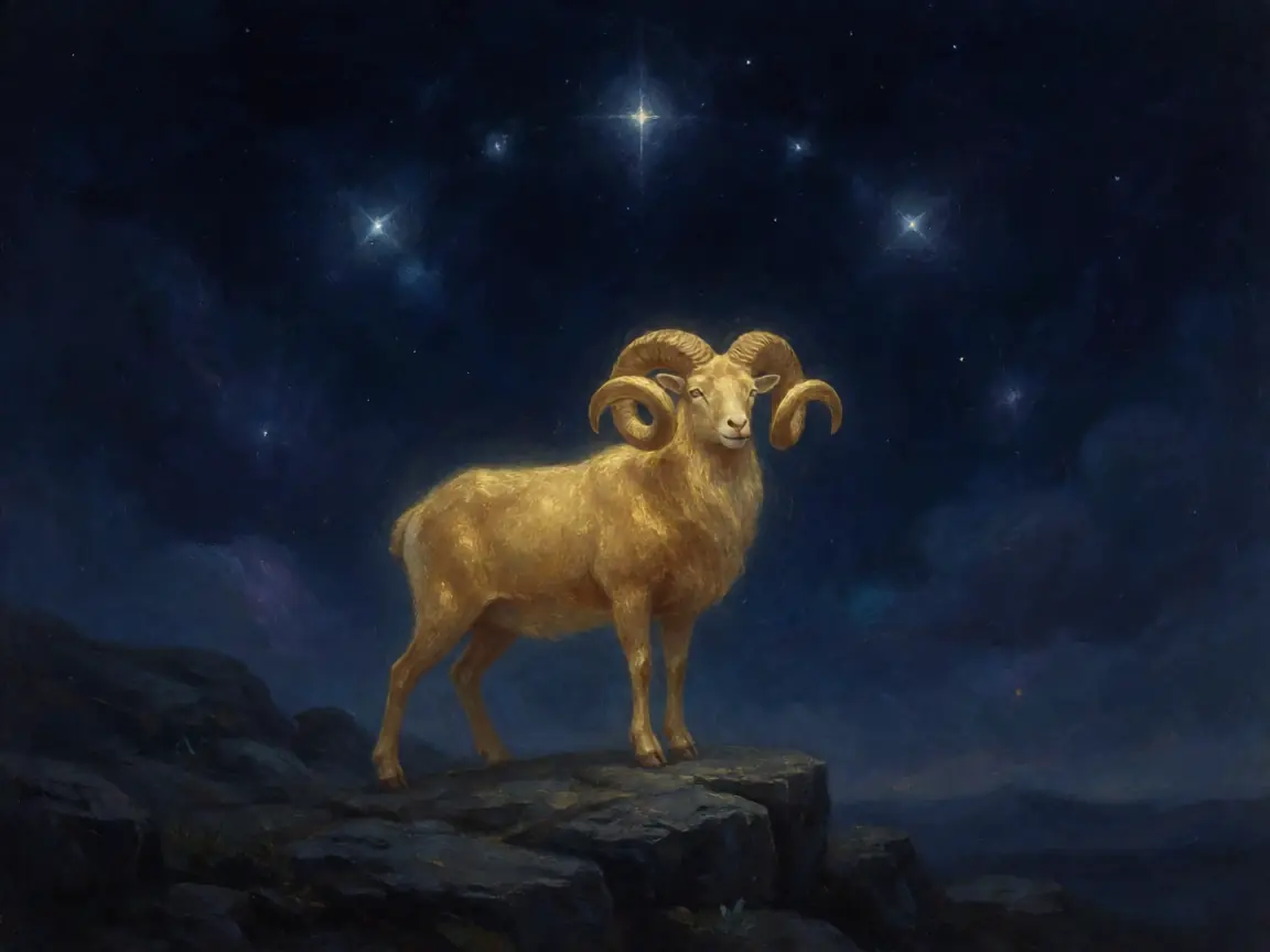 A golden ram standing on dark rock under an indigo night sky, three faint stars curving above it, golden light and deep shadow, painterly celestial art