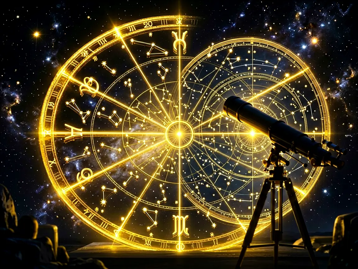 A celestial zodiac wheel and a precise astronomical chart side by side, golden constellation lines on a dark cosmic background