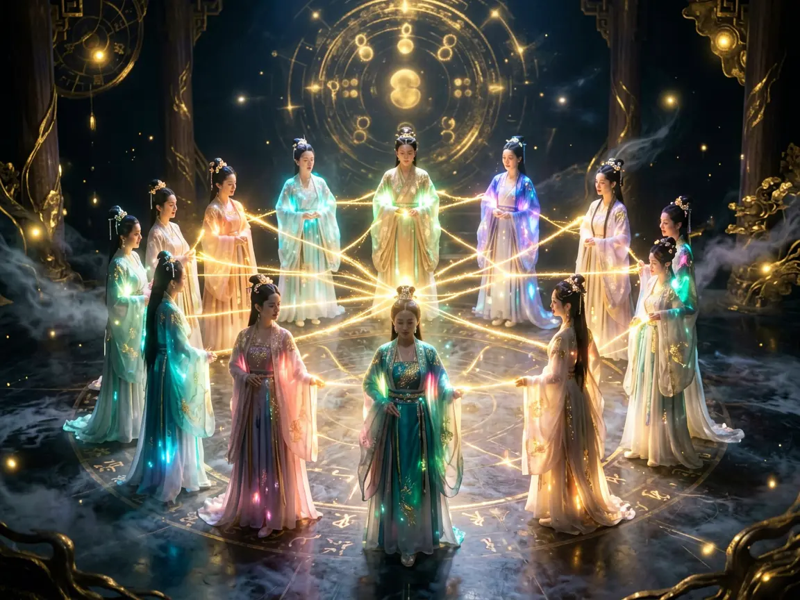 Ten archetypal figures representing the BaZi Ten Gods, ethereal glowing characters connected by golden threads on a dark cosmic stage