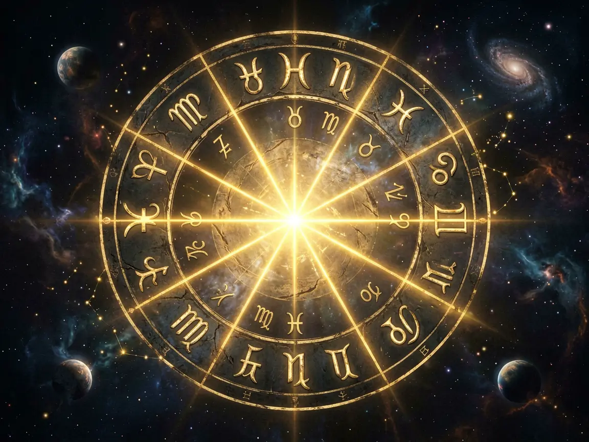 Zodiac wheel with planetary symbols on dark cosmic background