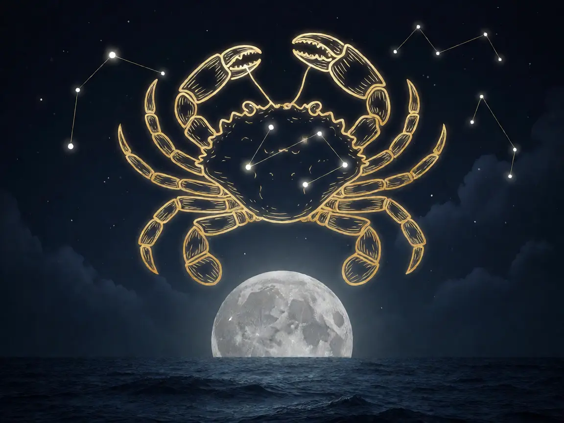 The crab constellation glowing gold above a silver full moon over a dark indigo sea, mystical zodiac art