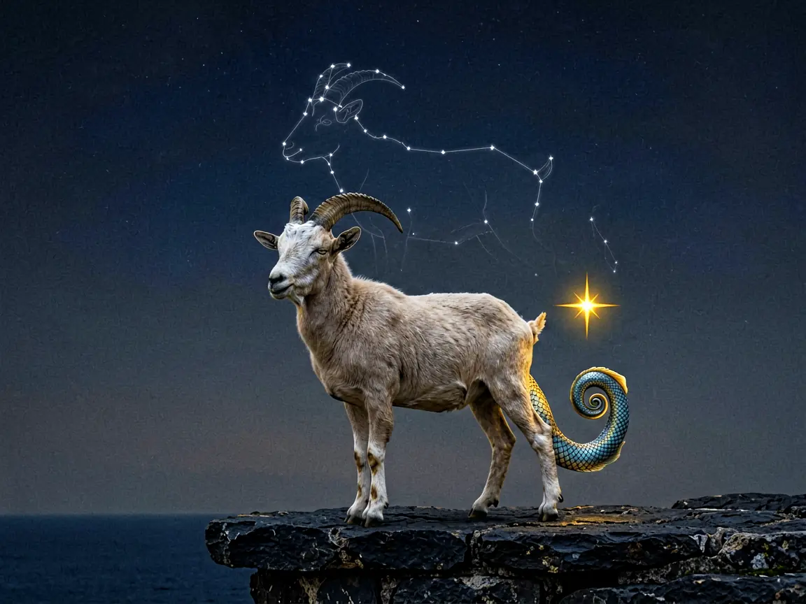 Capricorn sea goat: a horned goat with a coiled fish tail on a dark stone ledge, the faint Capricorn constellation above, one bright gold star at the tail, deep indigo night sky