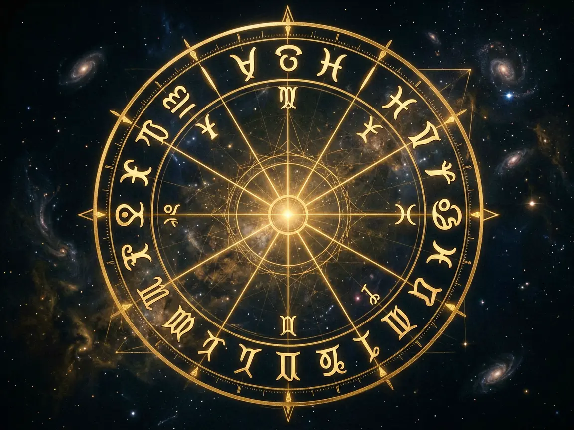 Astrological birth chart as a psychological map — celestial wheel with planetary symbols, dark cosmic background with golden sacred geometry lines