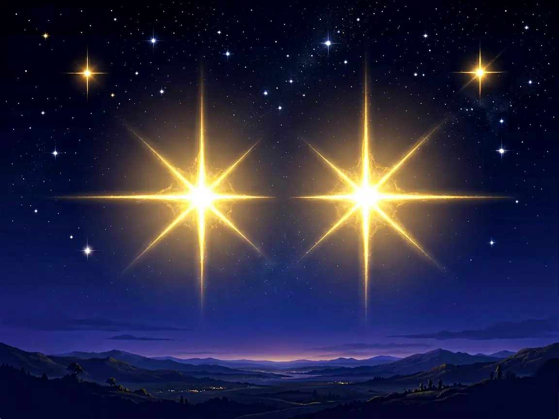 The twin stars Castor and Pollux glowing gold above a dark indigo horizon, mystical Gemini zodiac art