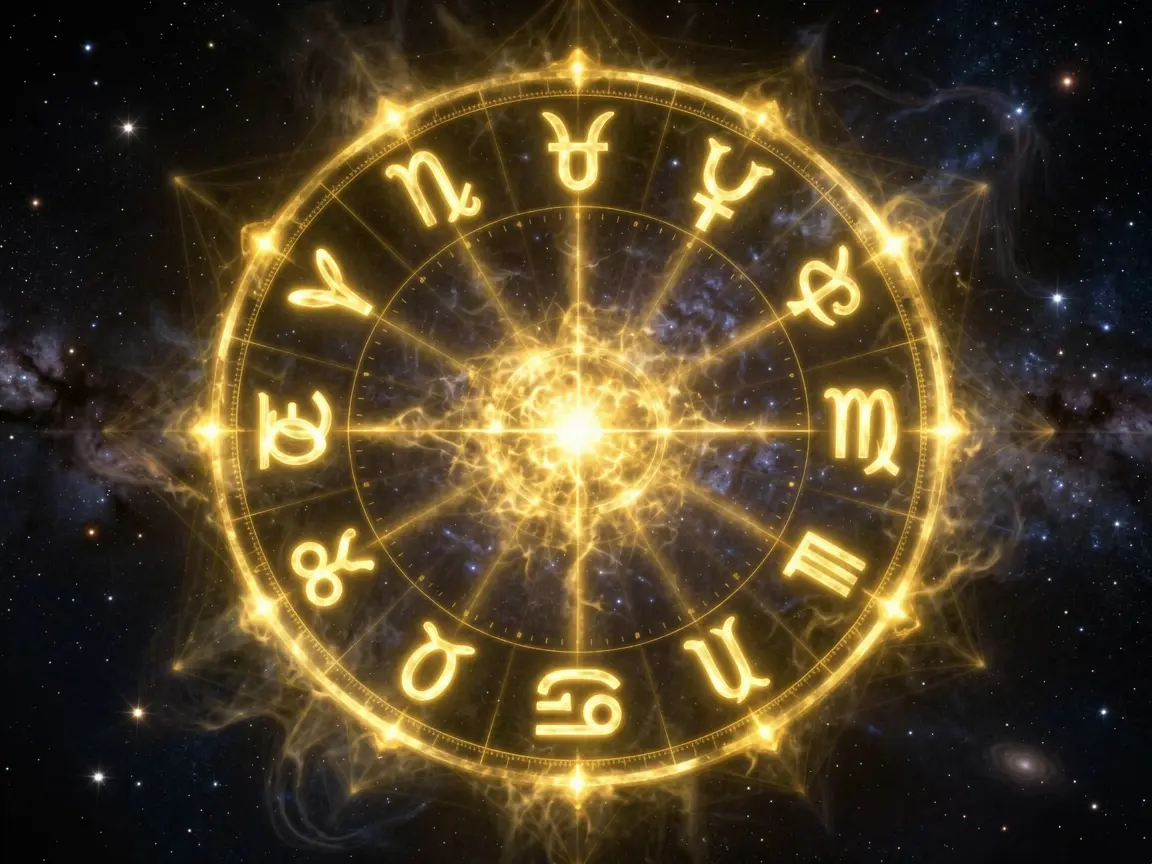 Celestial wheel of 2026 astrological transits — Saturn, Neptune, and Pluto symbols glowing in gold against a dark cosmic background with archetypal imagery