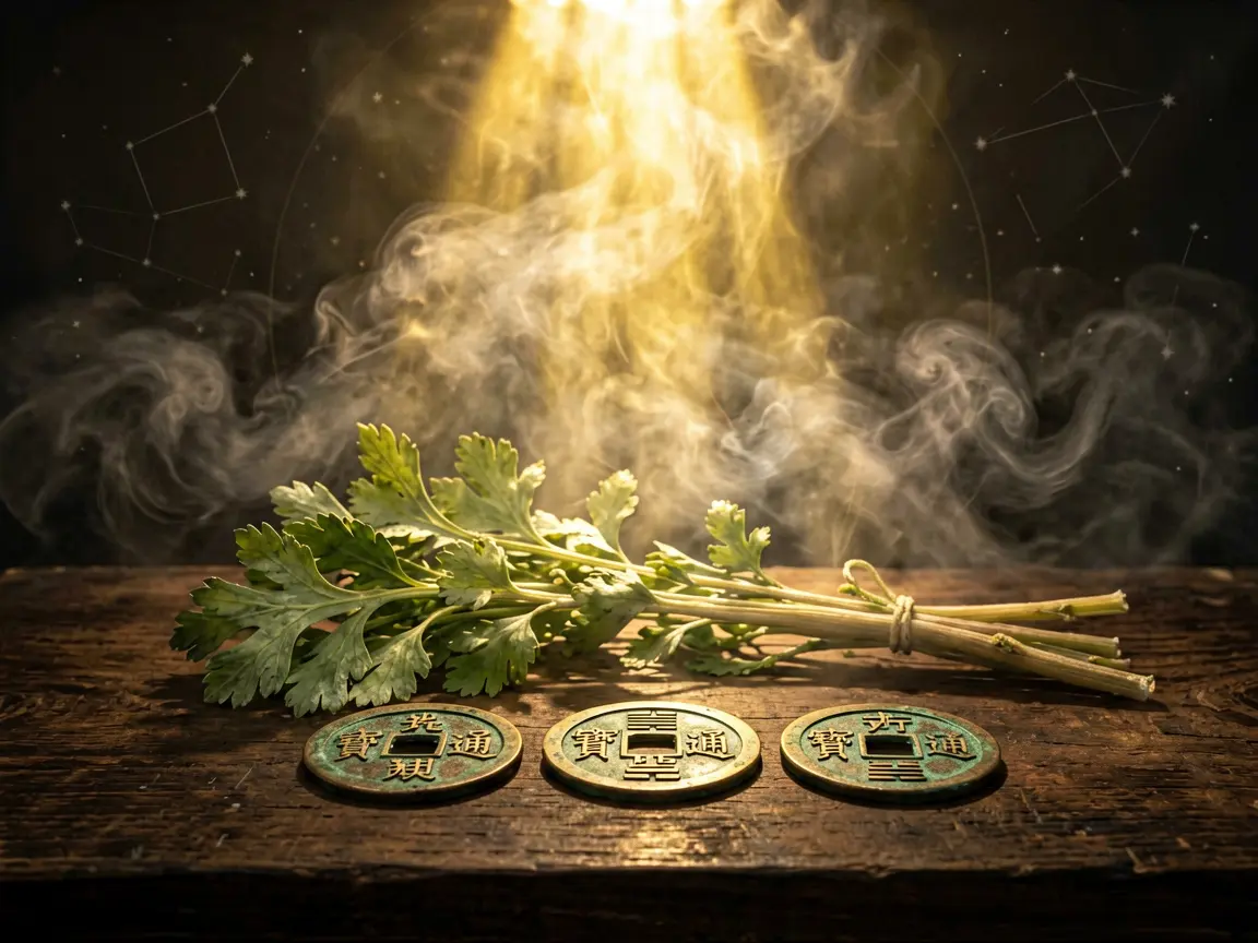 Chinese I Ching yarrow stalks and coins on a dark mystical background