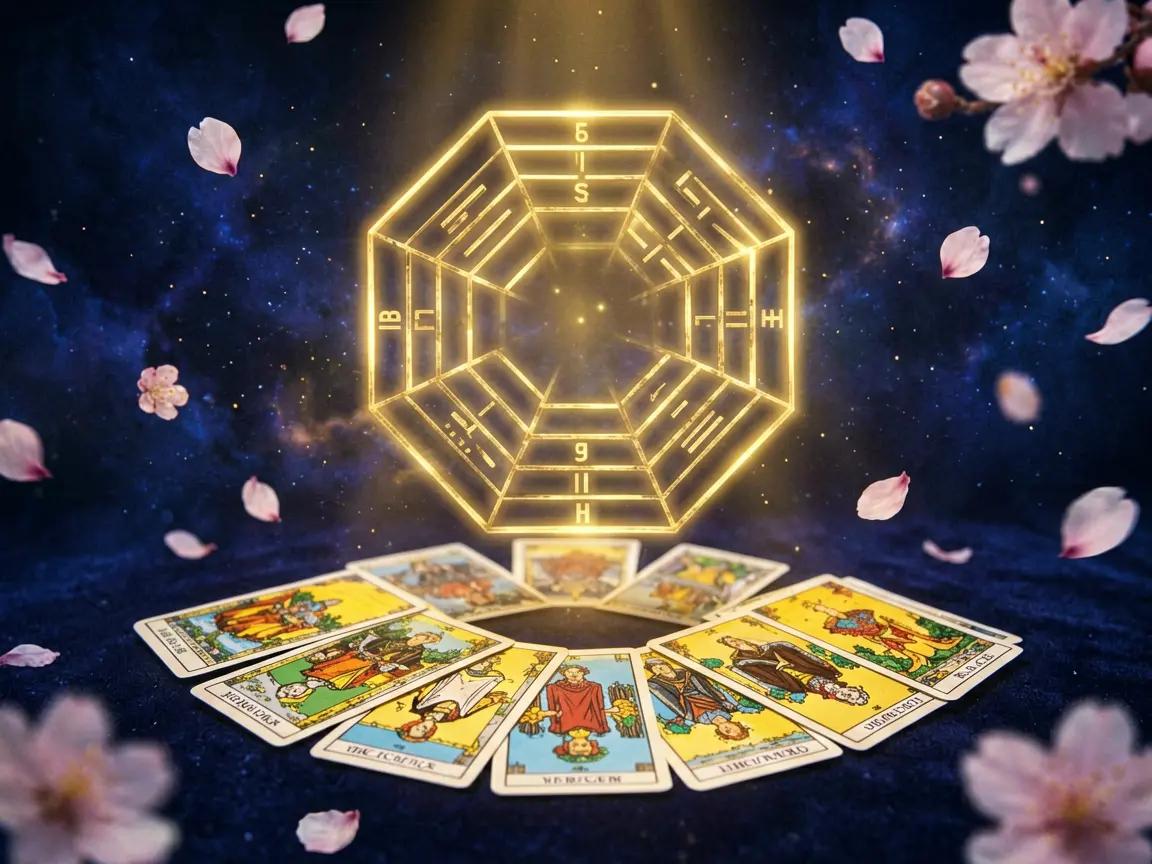 Plum blossom hexagram and tarot cards side by side, mystical dark background