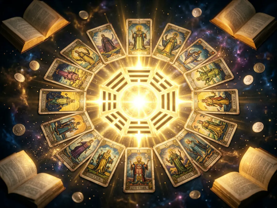 Tarot cards and I Ching hexagram symbols side by side