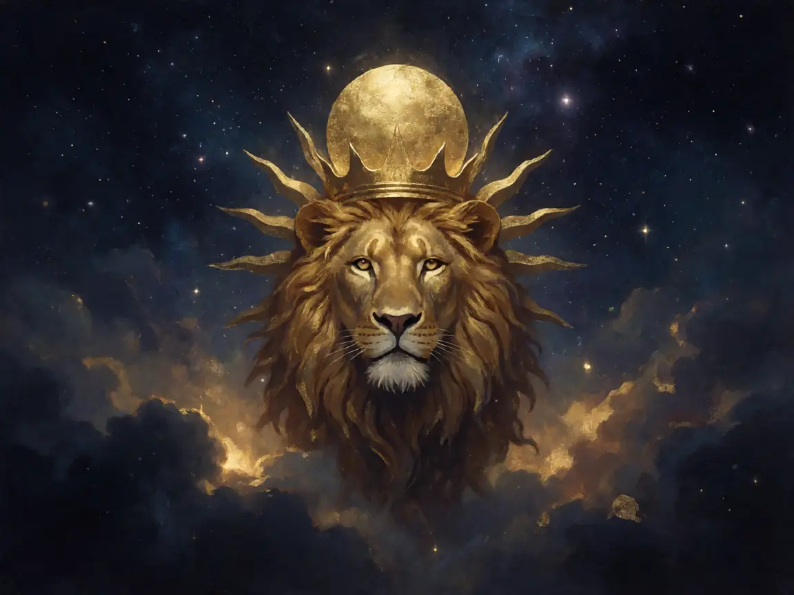 A golden lion's head crowned with a radiant sun against a deep indigo night sky, warm light spilling across dark celestial clouds, painterly mystical art