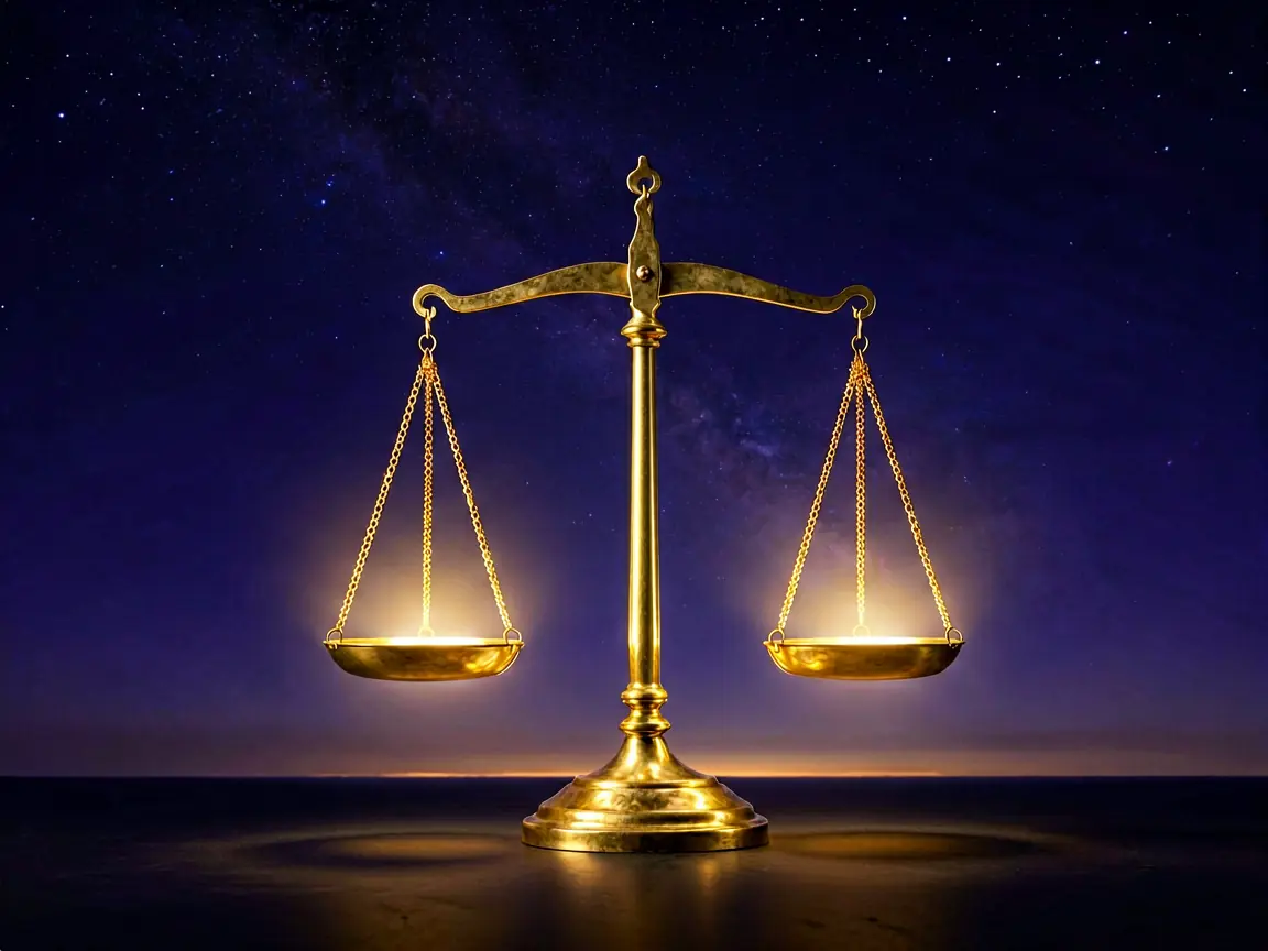 Golden scales suspended in a dark indigo sky, two balanced pans glowing with soft light, a field of stars above the autumn equinox