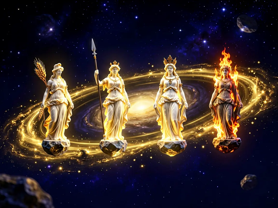 Four glowing goddess asteroids in a golden belt across a dark indigo star field, each a small luminous classical figure with her emblem