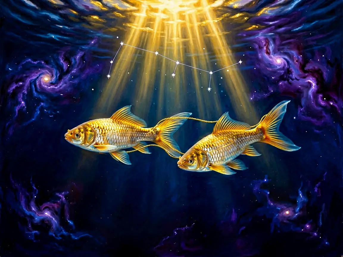 Two fish joined by a golden cord swimming through a dark cosmic ocean, faint Pisces constellation above, deep indigo water, golden light, mystical and ethereal