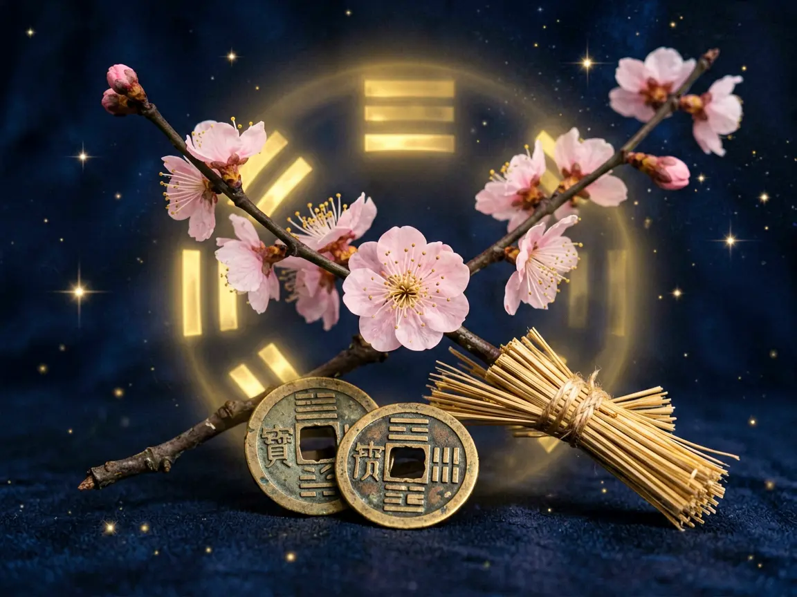 Plum blossom branch and I Ching coins with hexagram symbols, mystical dark background