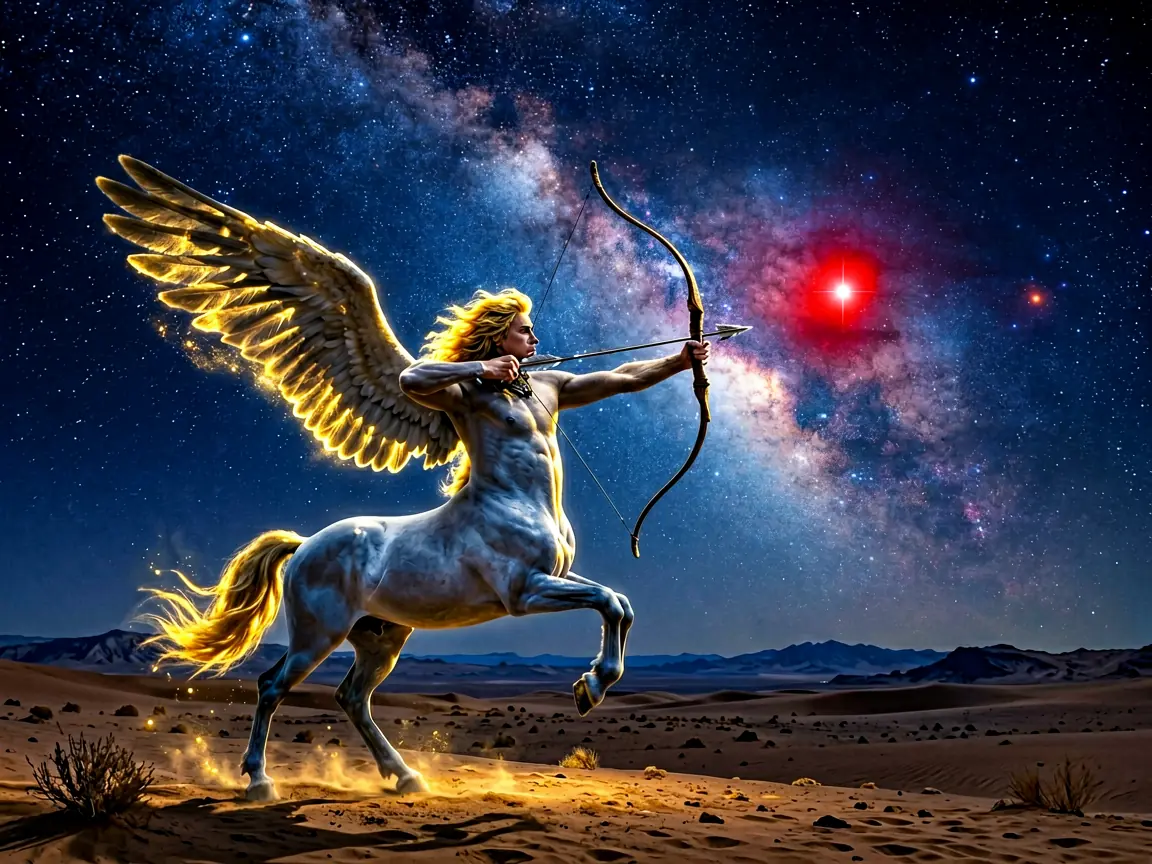 Sagittarius constellation: a centaur archer with bow drawn, arrow aimed at a red star, dark indigo sky above a desert horizon