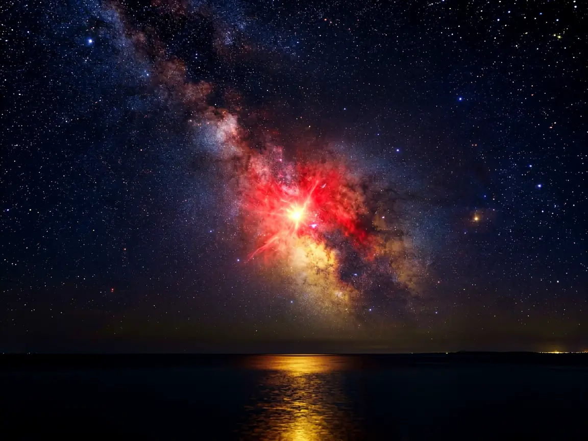 Red supergiant star Antares glowing at the heart of a faint scorpion shape, dark indigo sky with the constellation's curve of stars above a still black water
