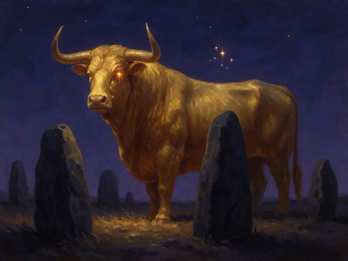 A golden bull standing among dark stones under an indigo night sky, a bright star glowing as its eye, golden light across deep shadow, painterly celestial art