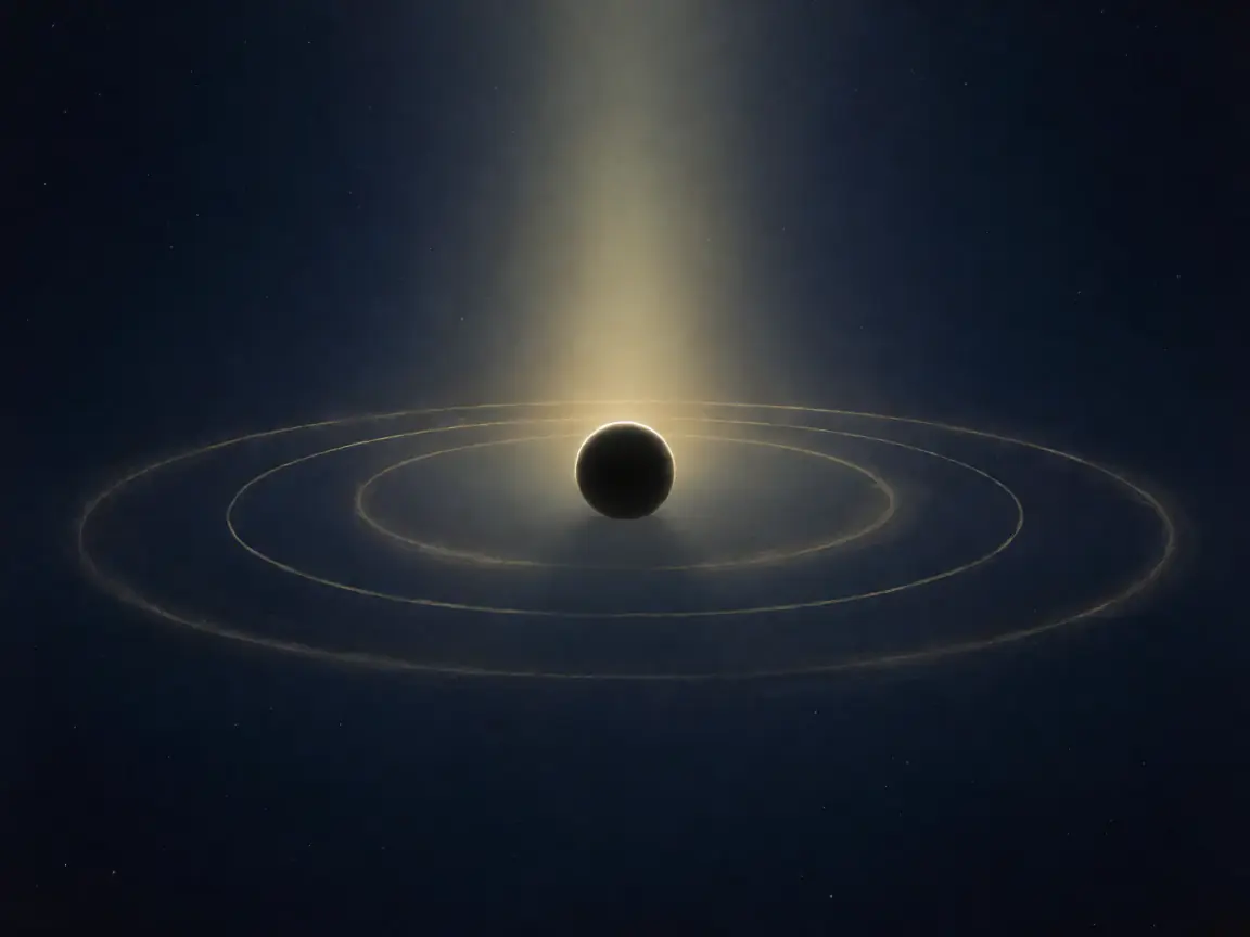 A dark planet at the center of three faint golden rings beneath a pale beam of light