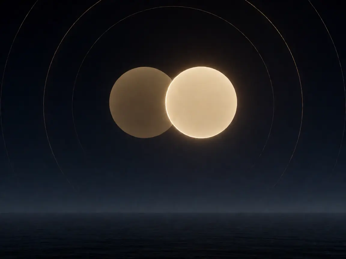 Two pale golden spheres nearly touching above a still dark sea, thin gold rings fading into the sky