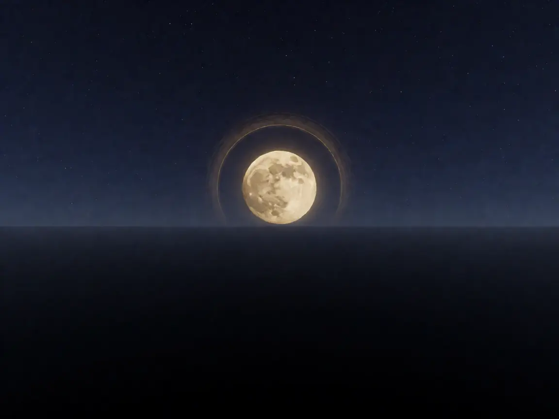 A round pale gold moon rising over a dark horizon with thin gold rings fading into the sky