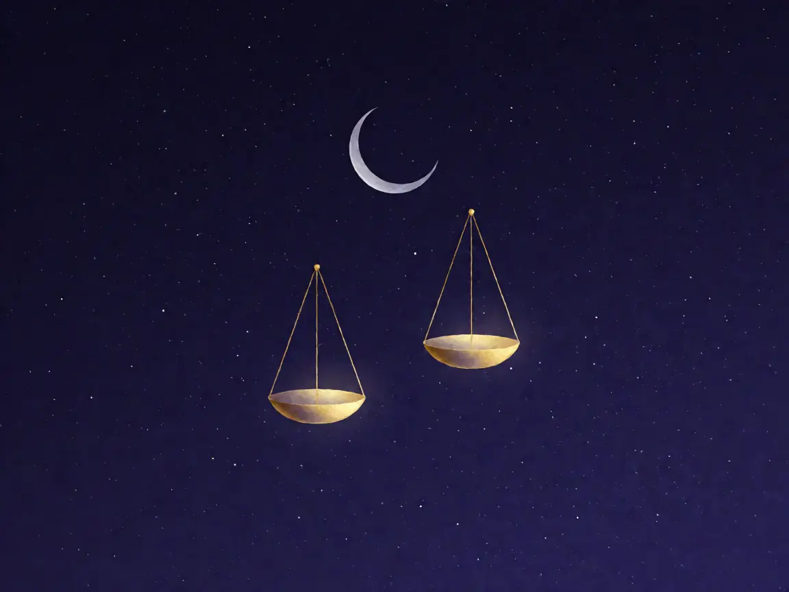 A dark indigo starry sky with a pale crescent moon above two floating golden balance pans