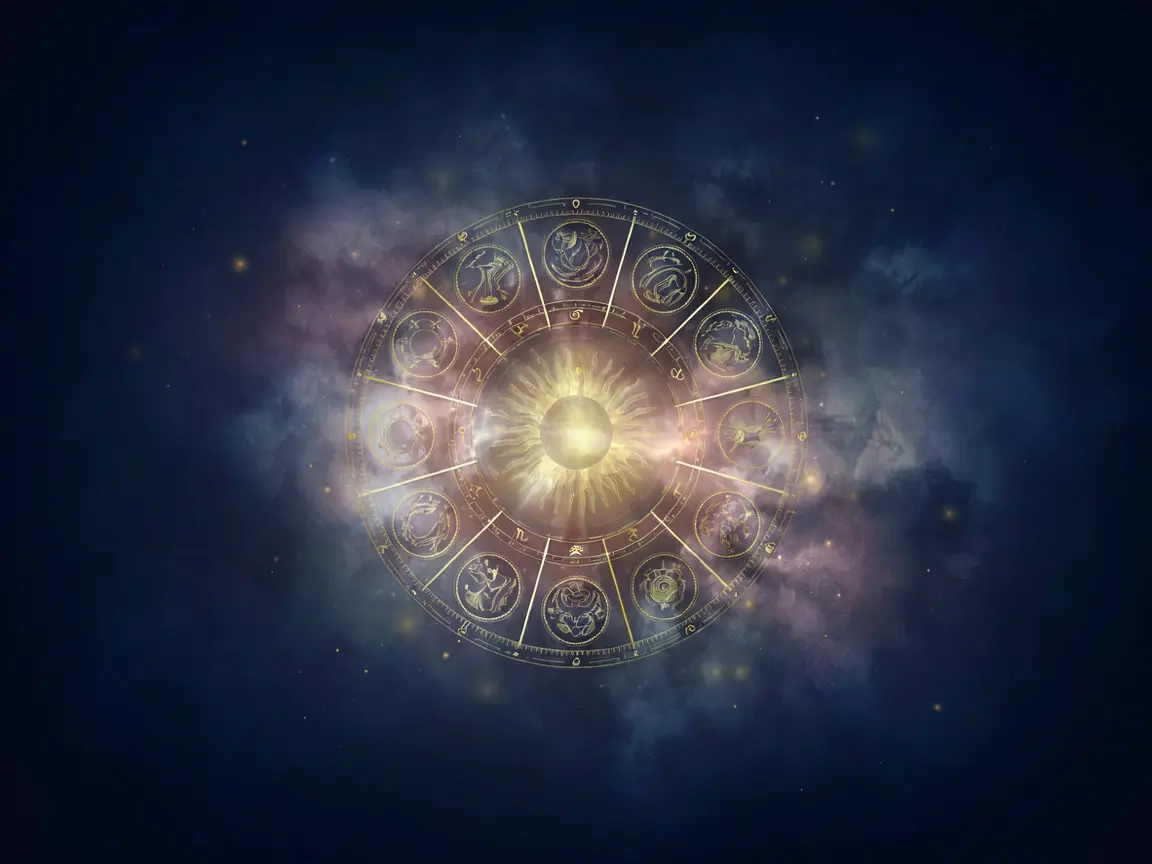 The zodiac wheel with twelve golden sign symbols arranged in a circle on a dark cosmic background